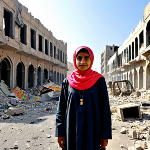 Home 18 Hope Amidst Ruins**
"A fully clothed young Yemeni woman stands amidst the ruins of a bombed-out city street, clutching a brightly colored painting depicting a peaceful future. The painting is the focal point, contrasting with the devastation around her. Modest clothing, natural pose, perfect anatomy, safe for work, appropriate content, professional photography, high quality, family-friendly. The sky is a mix of grey and hopeful sunrise colors."
**