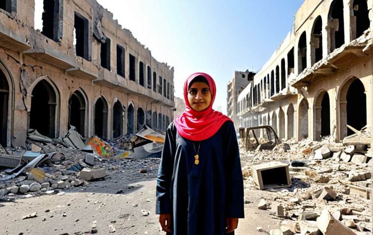 Hope Amidst Ruins**
"A fully clothed young Yemeni woman stands amidst the ruins of a bombed-out city street, clutching a brightly colored painting depicting a peaceful future. The painting is the focal point, contrasting with the devastation around her. Modest clothing, natural pose, perfect anatomy, safe for work, appropriate content, professional photography, high quality, family-friendly. The sky is a mix of grey and hopeful sunrise colors."
**