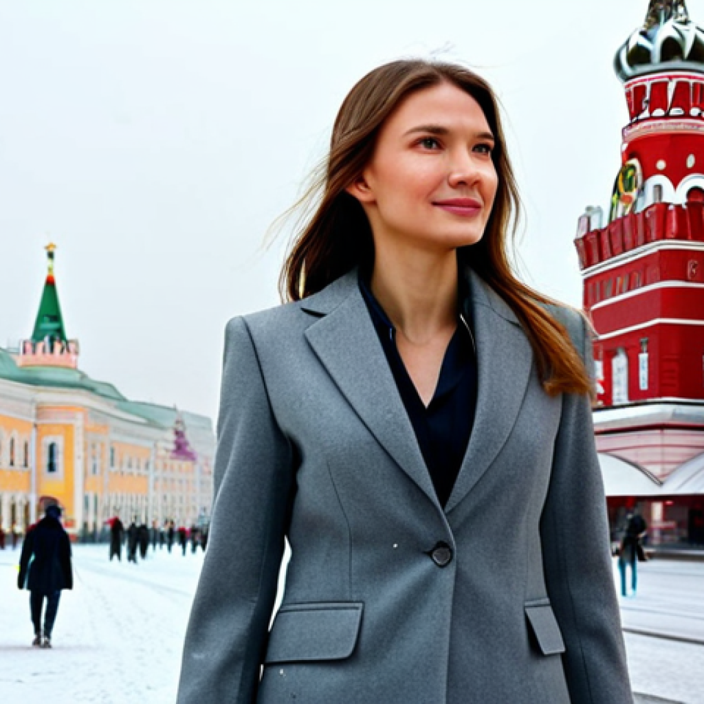 **Image Prompt:** A businesswoman in a grey tailored suit, walking through Red Square in Moscow, Russia. Winter scene, snow falling, GUM department store in background. Professional photography, perfect anatomy, fully clothed, safe for work, appropriate attire.