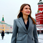 **Image Prompt:** A businesswoman in a grey tailored suit, walking through Red Square in Moscow, Russia. Winter scene, snow falling, GUM department store in background. Professional photography, perfect anatomy, fully clothed, safe for work, appropriate attire.