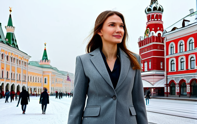 **Image Prompt:** A businesswoman in a grey tailored suit, walking through Red Square in Moscow, Russia. Winter scene, snow falling, GUM department store in background. Professional photography, perfect anatomy, fully clothed, safe for work, appropriate attire.